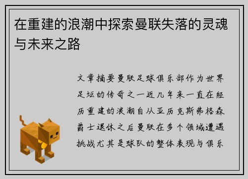 在重建的浪潮中探索曼联失落的灵魂与未来之路