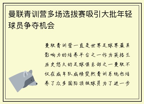 曼联青训营多场选拔赛吸引大批年轻球员争夺机会