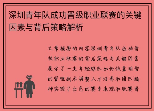 深圳青年队成功晋级职业联赛的关键因素与背后策略解析