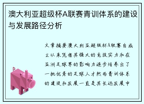 澳大利亚超级杯A联赛青训体系的建设与发展路径分析